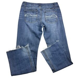 Cowgirl Tuff Co Womens Blue Denim Bootcut Jeans Distressed Frayed Hem Size 33x33